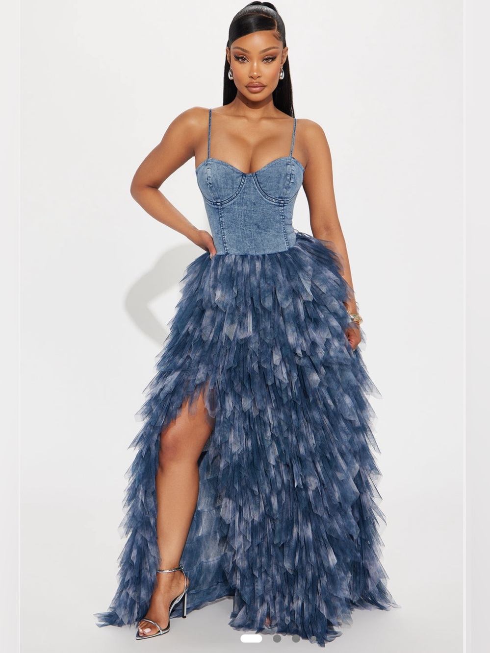 Dark Navy Tulle Ruffle Maxi Dress with Denim Bodice
